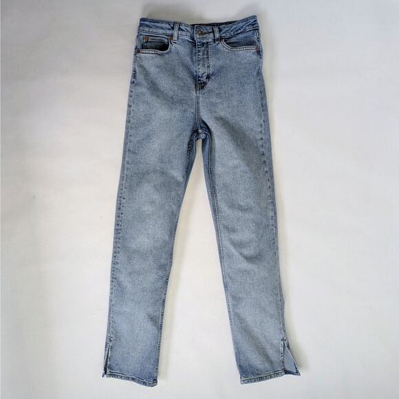 Motel Denim Jeans M Blue Split Hem Straight Leg Medium Wash Stretch Zipper Fly - Picture 1 of 11
